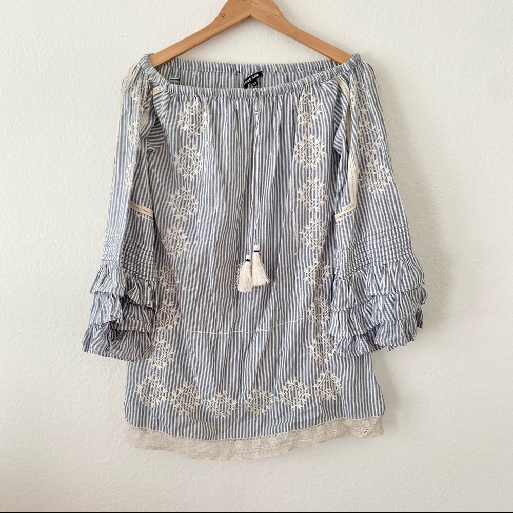 Anthropologie Love Sam Striped Embroidered Ruffle Dress Sz XS